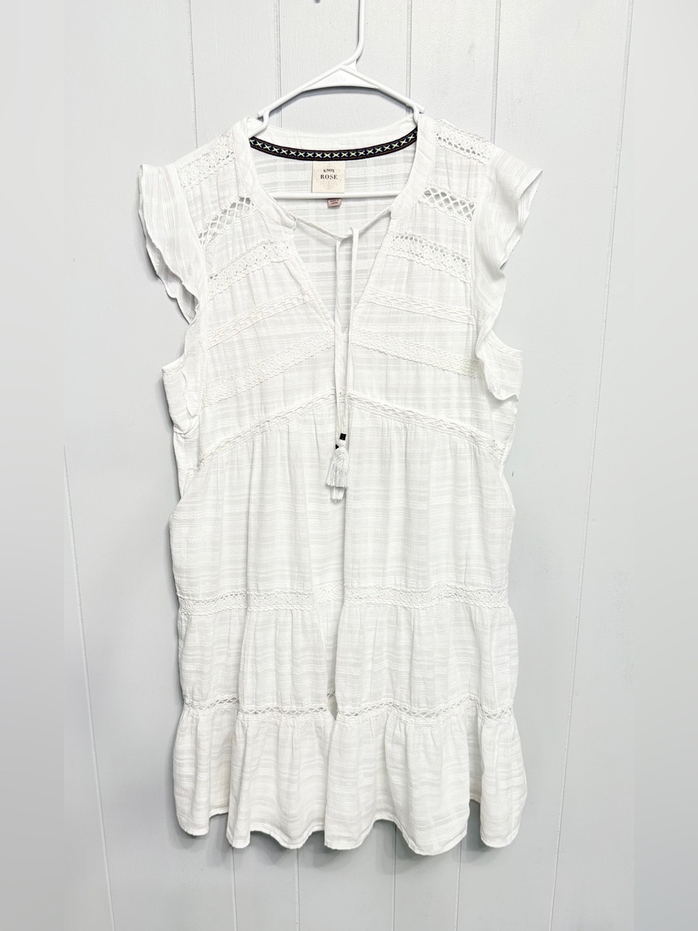 Knox Rose White Lace-Trim Midi Dress with Tassel Tie